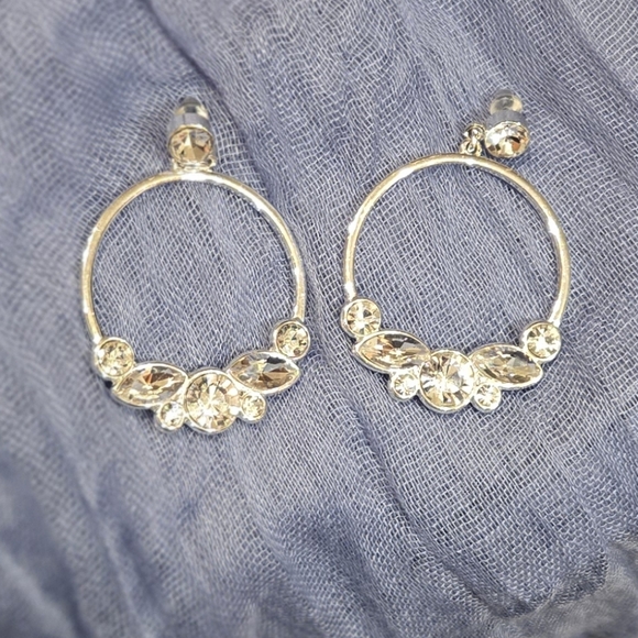 Lauren Conrad Silver Tone Hoop Drop Earrings with White Stones - Picture 2 of 3